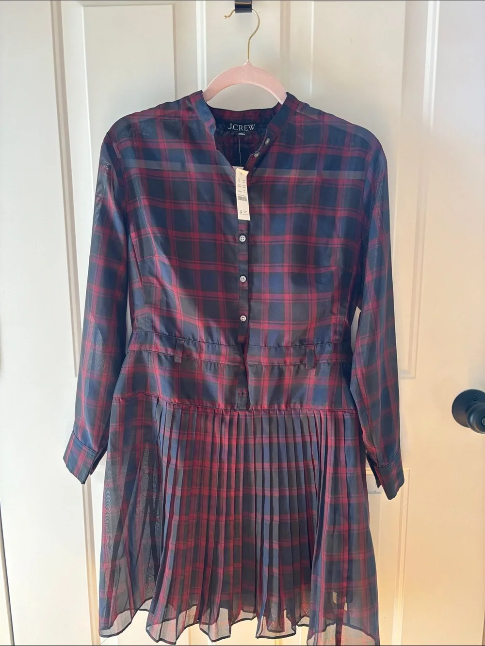 J. Crew Navy and Red Plaid Long-Sleeve Pleated Shirt Dress